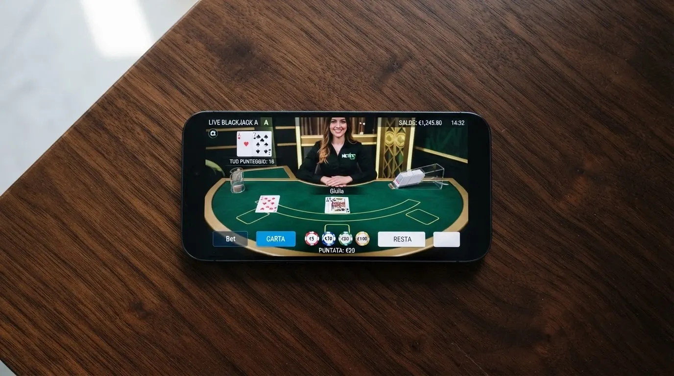 Schermata di uno smartphone in orientamento orizzontale con un tavolo blackjack live NetEnt attivo, carte visibili e comandi touch per le puntate