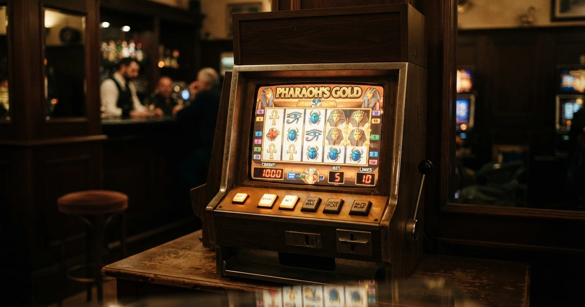 Un primo piano di una slot machine Novomatic accesa in una sala italiana, con il logo Novomatic visibile sul cabinet e lo schermo che mostra i rulli di un titolo classico.