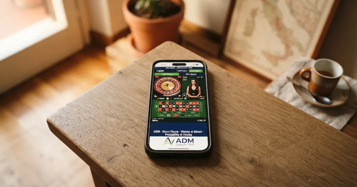 Interfaccia di un casinò online con licenza ADM, numero di concessione visibile nel footer e catalogo giochi in evidenza