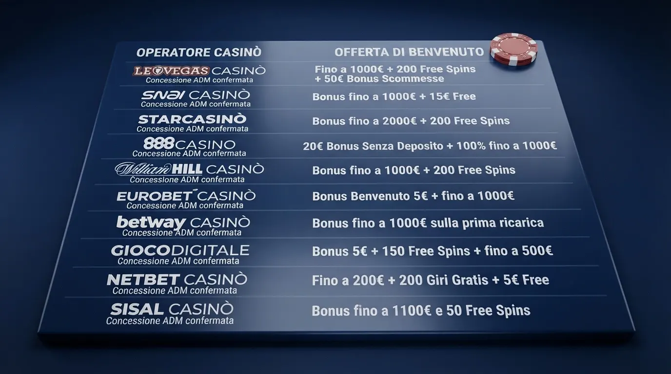 Tabella comparativa con i loghi e le offerte di benvenuto dei principali casinò con concessione ADM attiva in Italia