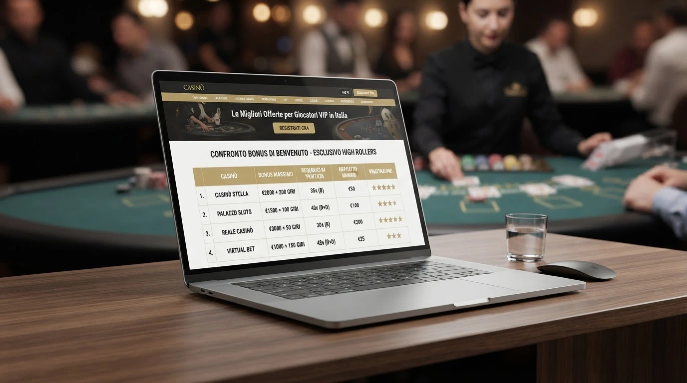 Schermata di un casinò online in italiano con licenza ADM che mostra una tabella promozionale con bonus di benvenuto e un tavolo live sullo sfondo
