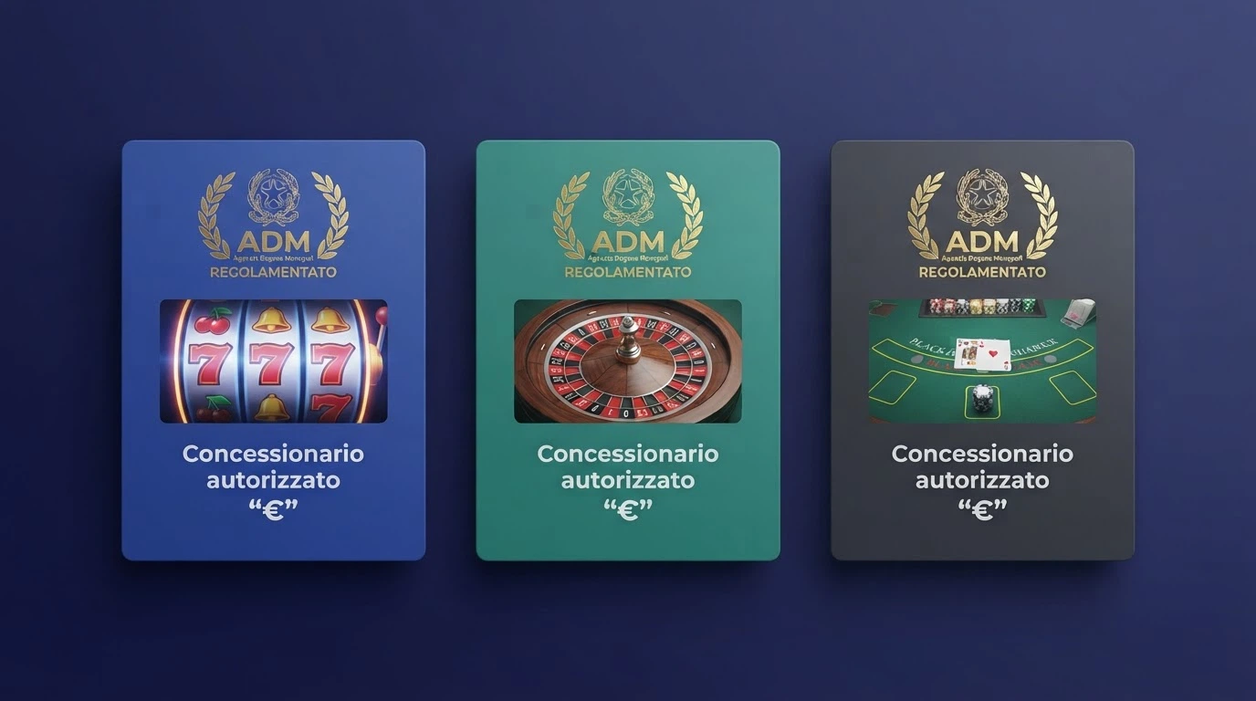 Una schermata di comparazione che mostra le card di tre operatori con concessione ADM affiancate, con i loghi ufficiali, il badge «Concessionario ADM» in evidenza e i simboli delle slot Novomatic disponibili in piattaforma.