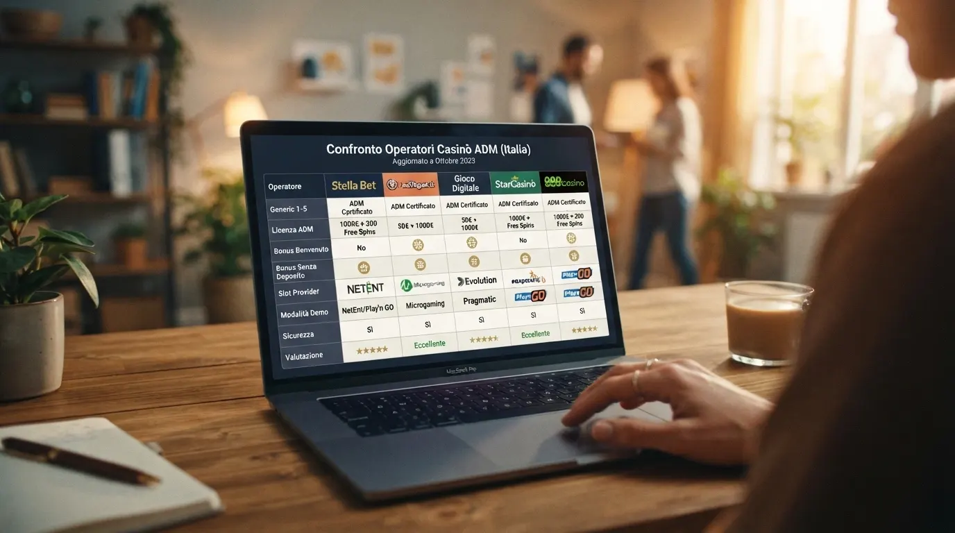 Una griglia che rappresenta il confronto tra operatori con concessione ADM, con icone per bonus, provider e modalità demo