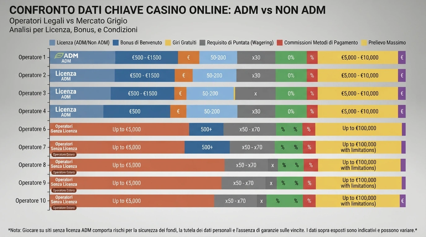Tabella comparativa che affianca i 10 casinò recensiti con i dati chiave: licenza, bonus di benvenuto, giri gratis, requisito di puntata, commissioni Mastercard e tetto al prelievo