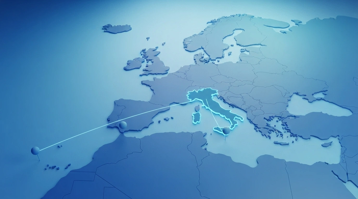 Una mappa stilizzata dell'Europa con l'Italia in evidenza al centro, linee che collegano l'Italia a puntatori su Malta, Curaçao e Gibilterra