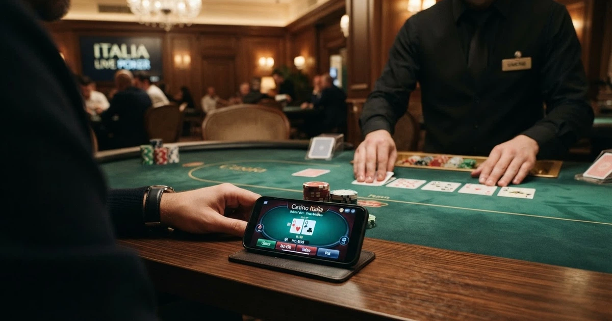 Un tavolo da poker con dealer dal vivo in un casinò online, visto dallo schermo di un giocatore, con le carte sul tavolo verde e l'interfaccia di gioco visibile