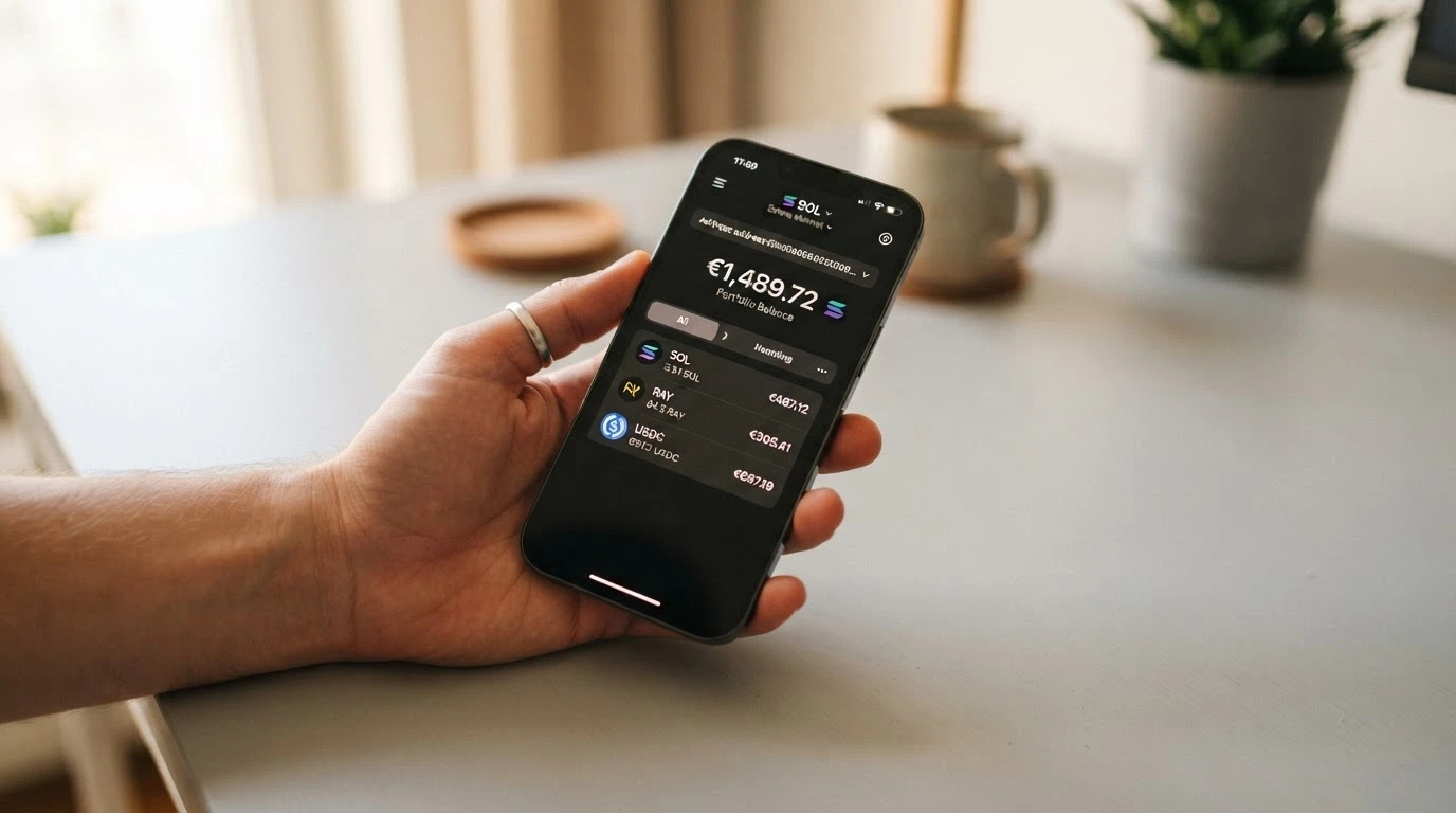 Uno smartphone con l'interfaccia di un wallet Solana aperta, pronto per inviare SOL a un indirizzo di deposito del casino