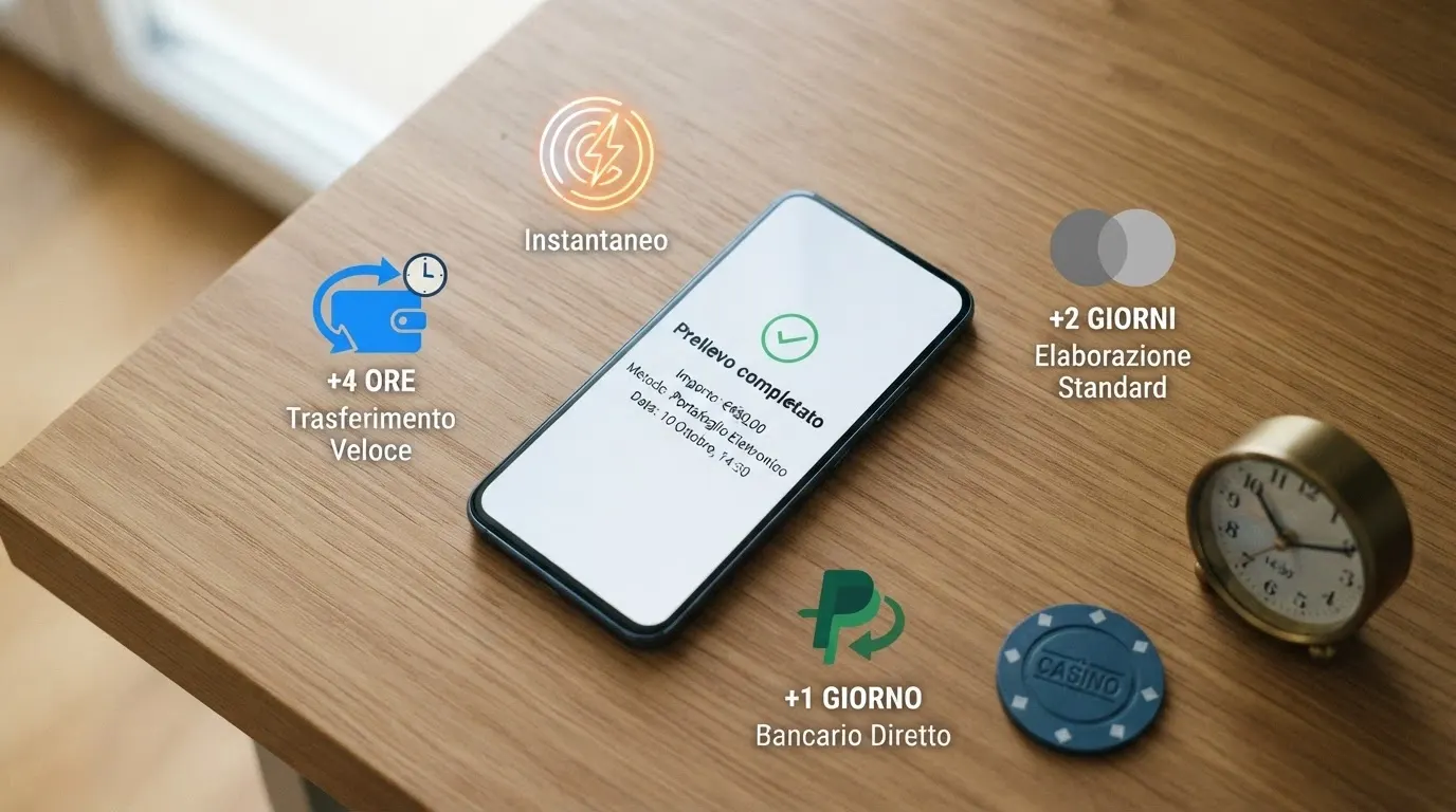 Uno smartphone che mostra la schermata di un prelievo completato, affiancato dalle icone di Skrill, Neteller, Visa, Bitcoin e PostePay, con un orologio che segna tempi diversi per ciascun metodo