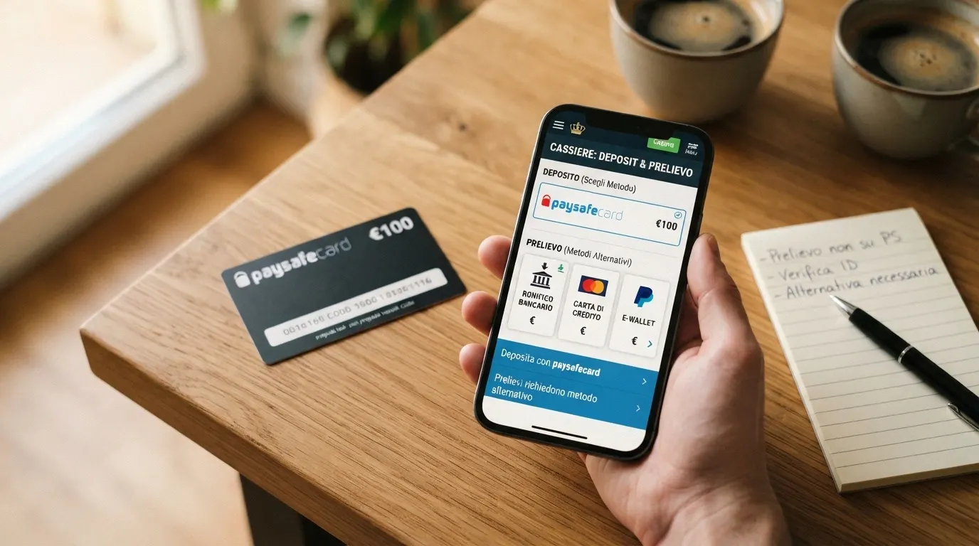 L'interfaccia di cassa di un casinò online con paysafecard selezionato per il deposito e, accanto, le icone dei metodi di prelievo alternativi: bonifico, carta di credito, portafoglio elettronico