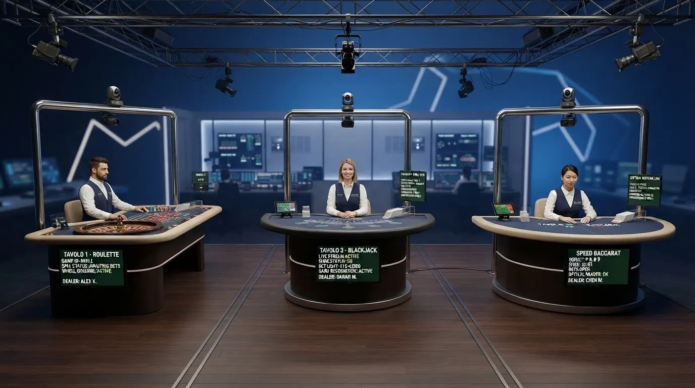 Interno di uno studio di produzione live dealer con tavoli multipli, telecamere professionali e pareti con schermi LED