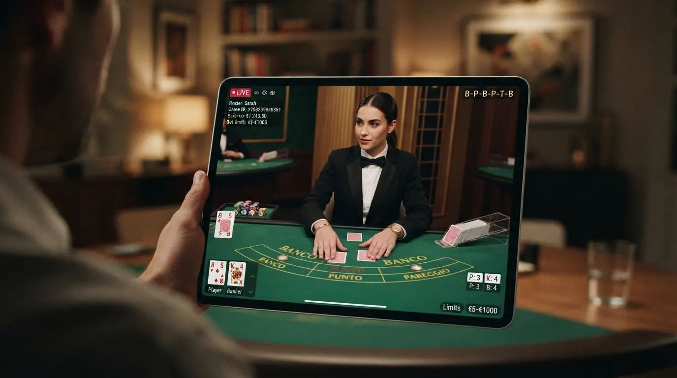 Schermata di un tavolo di punto banco live con croupier inquadrato in primo piano, le tre aree di puntata in sovrimpressione, la cronologia dei colpi recenti visibile in alto a destra