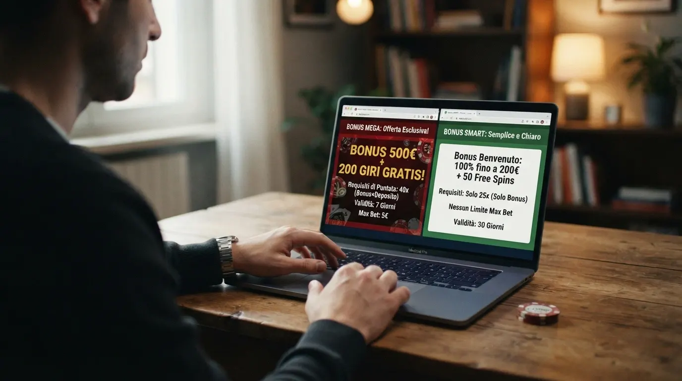 Un giocatore davanti allo schermo con due schede bonus aperte a confronto, una con importo alto e wagering elevato, l'altra con importo contenuto e requisiti leggeri