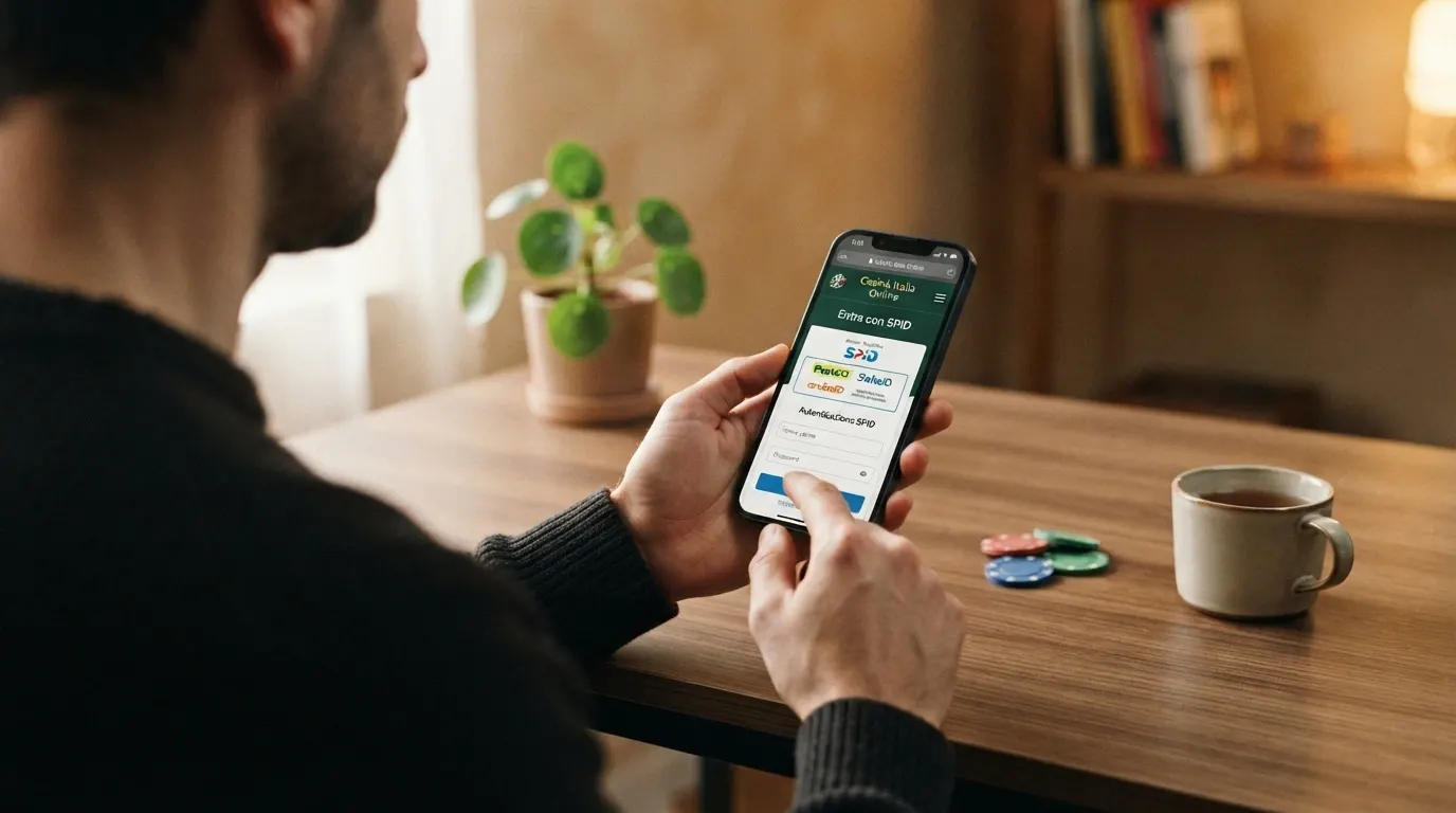 Schermata di accesso con SPID su un casinò online con il pulsante «Entra con SPID», logo ADM e CIE visibili