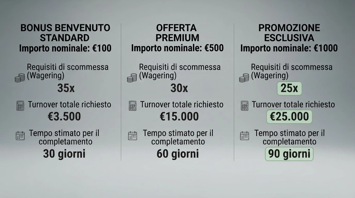 Tre colonne affiancate che confrontano tre bonus reali: importo nominale, wagering richiesto, turnover totale e tempo stimato per completarlo, con la colonna più favorevole evidenziata in verde.