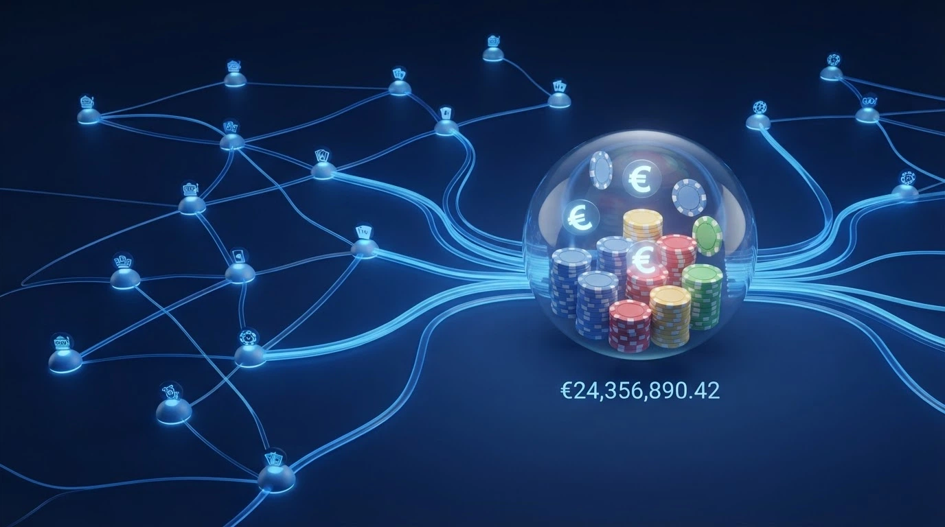 Schema visivo che mostra come più casinò online alimentano lo stesso montepremi progressivo attraverso una rete condivisa