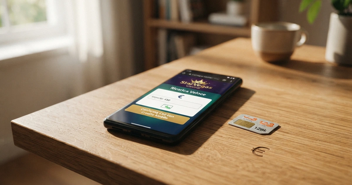 Uno smartphone con lo schermo che mostra la pagina di deposito di un casinò online, affiancato da una carta SIM e dal simbolo dell'euro.
