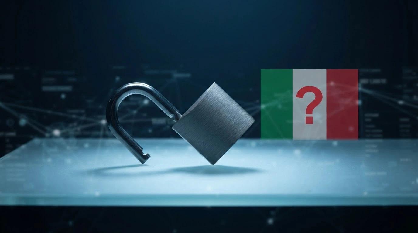 Un lucchetto aperto e un punto interrogativo rosso sovrapposti a una bandiera italiana, su uno sfondo scuro che evoca l'interfaccia di un casinò online senza loghi riconoscibili
