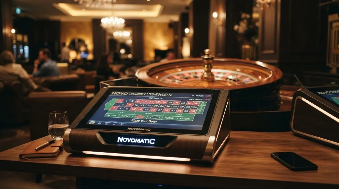 Un terminale Novo TouchBet Live-Roulette con la ruota meccanica automatica alle spalle, in una sala con illuminazione soffusa — il live gaming Novomatic è fisico, non in streaming.