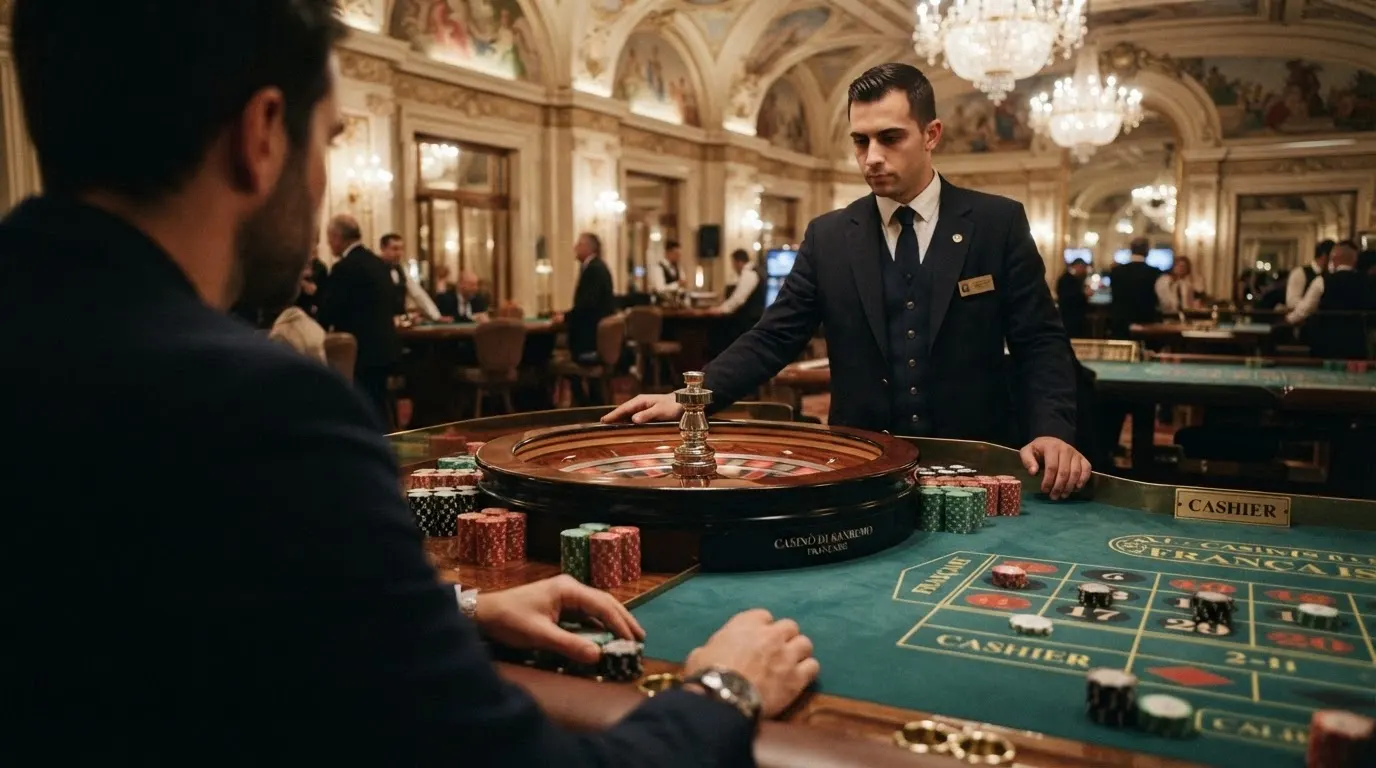 Un tavolo di roulette francese con croupier in uniforme ripreso in diretta streaming dalla sala del Casinò di Sanremo