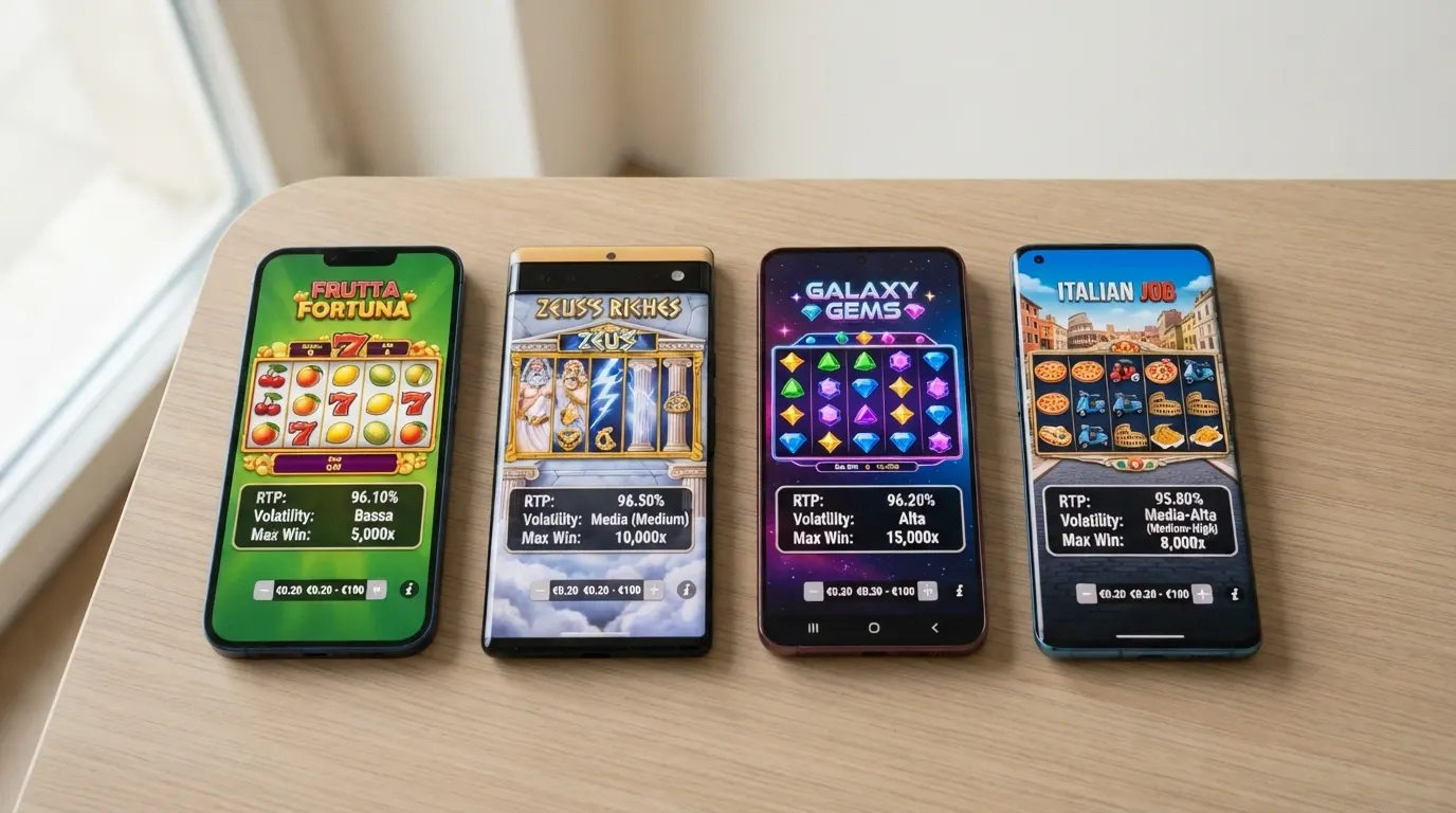 Quattro schede di slot machine affiancate con i valori di RTP, volatilità e vincita massima in evidenza