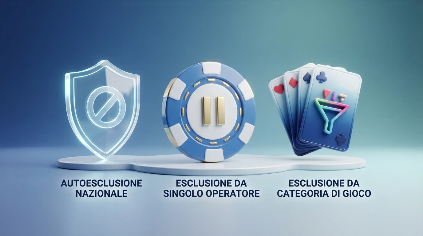 Schema a tre colonne del funzionamento del Registro Unico degli Autoesclusi con le tre modalità di autoesclusione attive dal 1° febbraio 2026