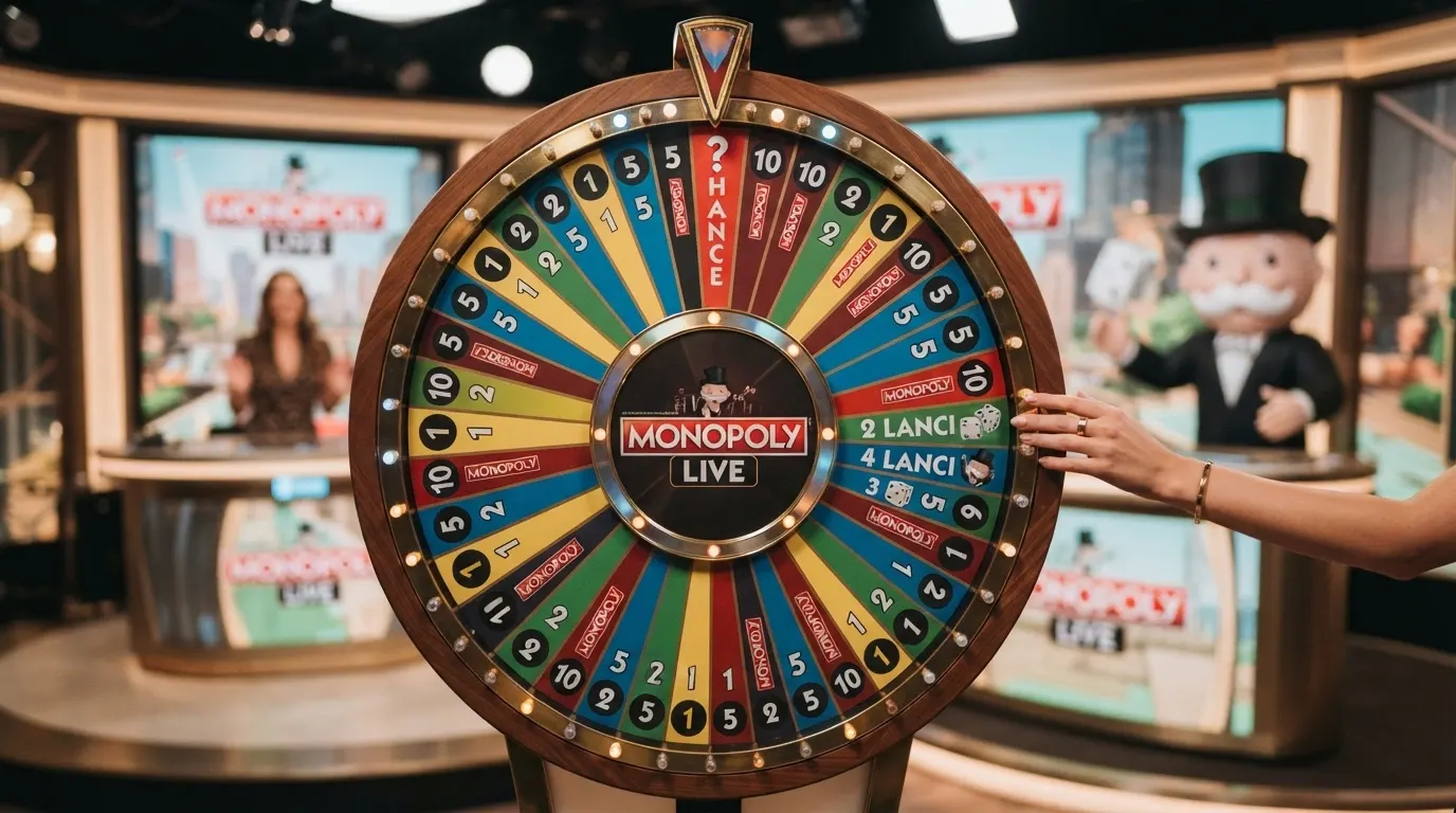 Primo piano della ruota di Monopoly Live con i segmenti numerati e i segmenti speciali Chance, 2 Lanci e 4 Lanci visibili