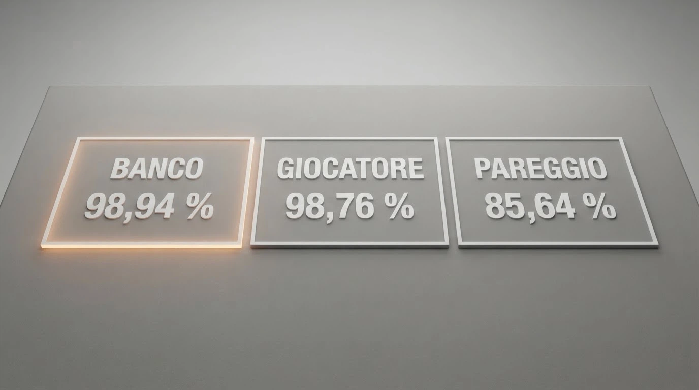 Schema grafico del tavolo da baccarat con le tre aree di puntata evidenziate: Banco, Giocatore e Pareggio, con i rispettivi RTP