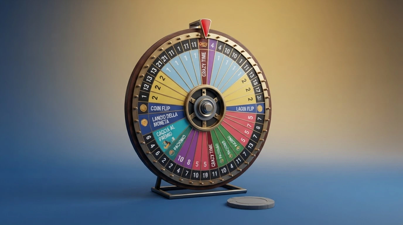 Schema visivo dei 54 segmenti della ruota di Crazy Time con l'indicazione dei moltiplicatori e dei round bonus