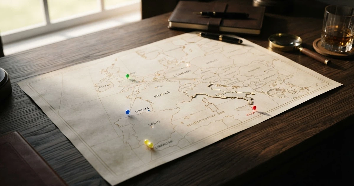Una mappa stilizzata dell'Europa con indicatori che segnano le giurisdizioni di licenza (MGA a Malta, Curaçao, UKGC nel Regno Unito) e l'Italia evidenziata con il perimetro ADM