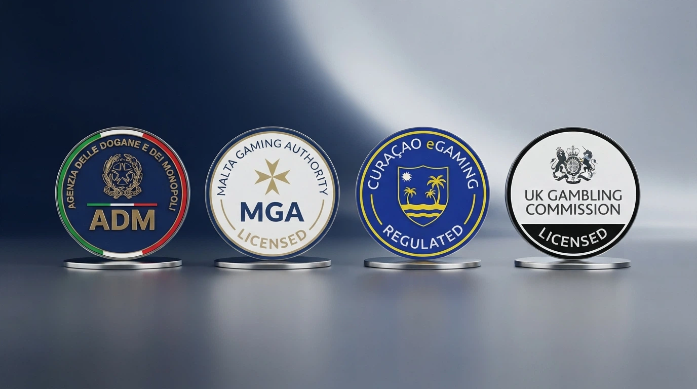 I sigilli e i loghi delle autorità di licenza — ADM, MGA, Curaçao e UKGC — disposti su quattro colonne con i rispettivi simboli ufficiali