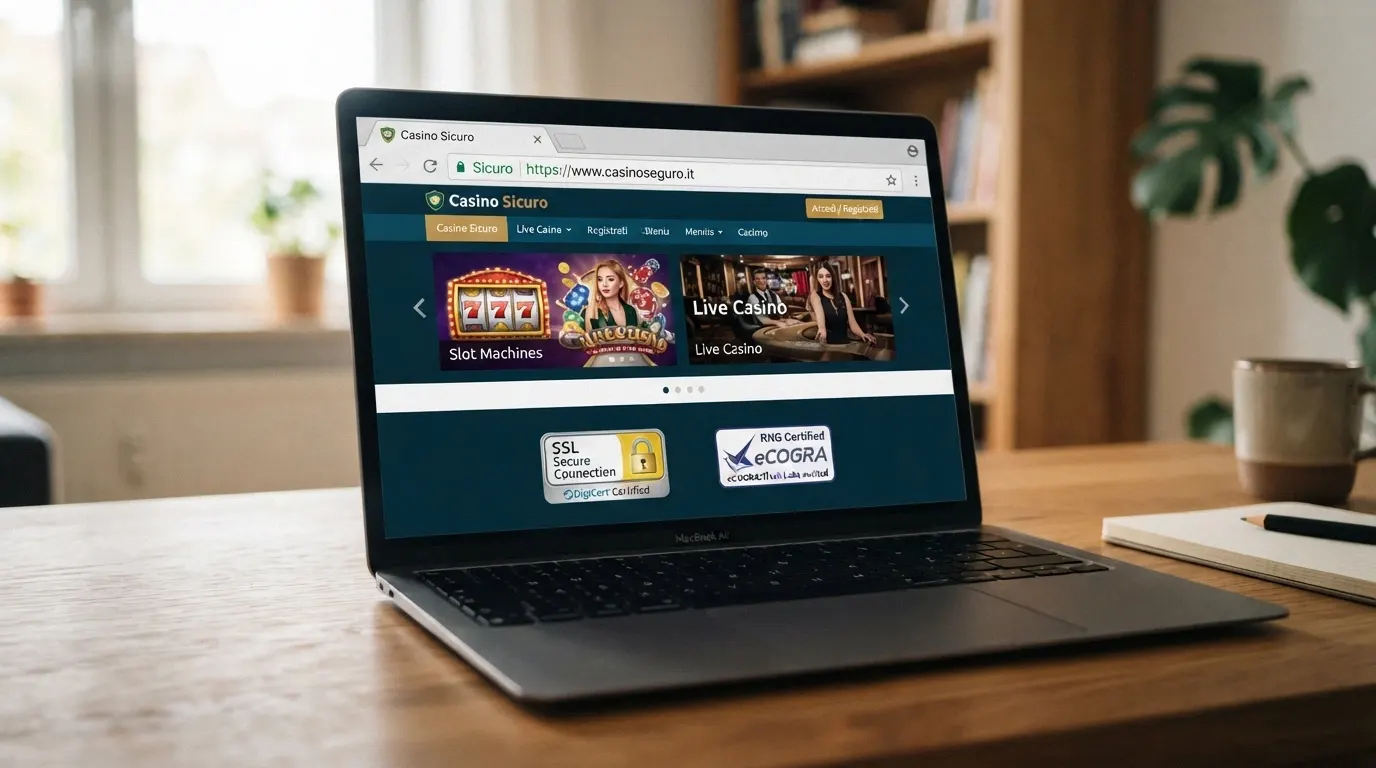 Primo piano di un lucchetto verde nella barra degli indirizzi del browser accanto all’URL di un casinò online, con i loghi di certificazione SSL e di un ente di audit RNG visibili nel footer della pagina.
