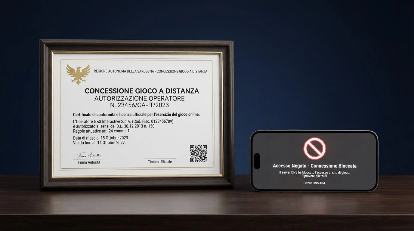 Un certificato ufficiale con il logo dell'Agenzia delle Dogane e dei Monopoli e la dicitura «Concessione gioco a distanza», accostato a un dispositivo con il simbolo del blocco DNS.