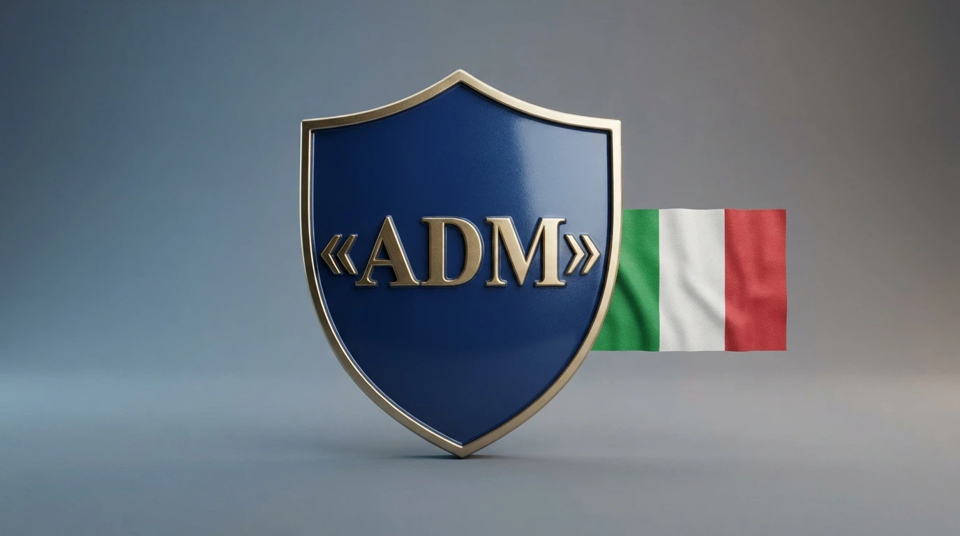 Il logo ufficiale dell'Agenzia delle Dogane e dei Monopoli accanto alla bandiera italiana, su sfondo istituzionale blu.
