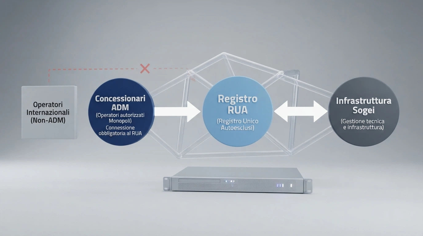 Lo schema del funzionamento del Registro Unico degli Autoesclusi: un diagramma che mostra la connessione obbligatoria tra concessionari ADM e RUA, e l'assenza di connessione per gli operatori con licenza internazionale