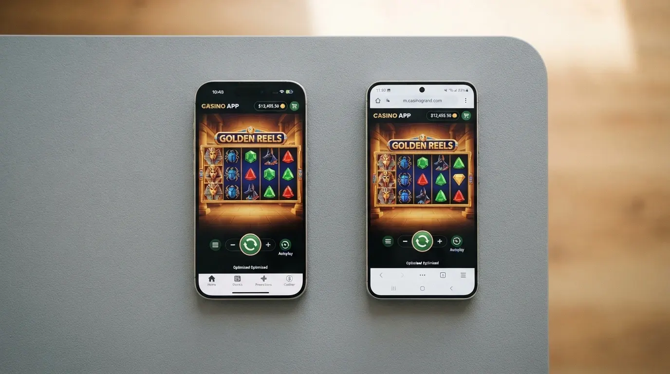 Due smartphone affiancati: uno con l'interfaccia di un'app di casinò nativa, l'altro con lo stesso casinò aperto nel browser mobile