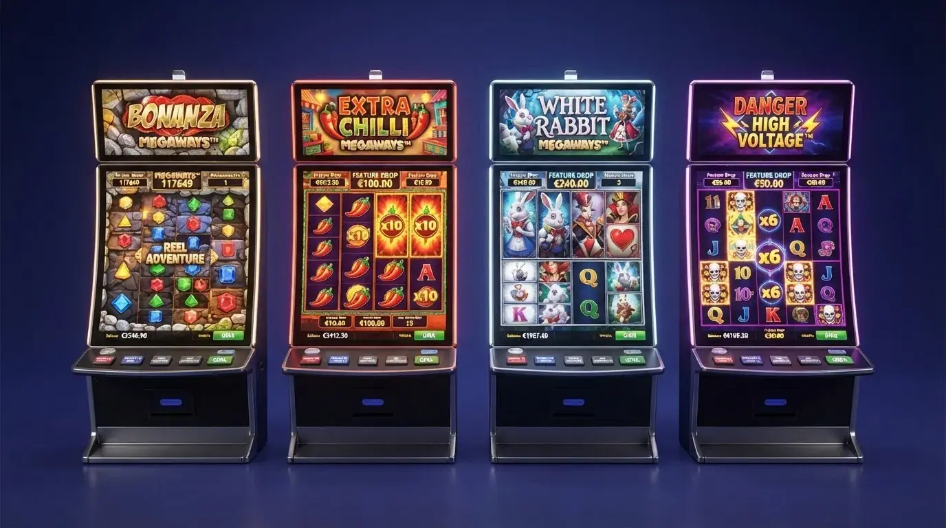 Schermata di quattro slot Big Time Gaming affiancate — Bonanza Megaways, Extra Chilli, White Rabbit e Danger High Voltage — con griglie a rulli variabili