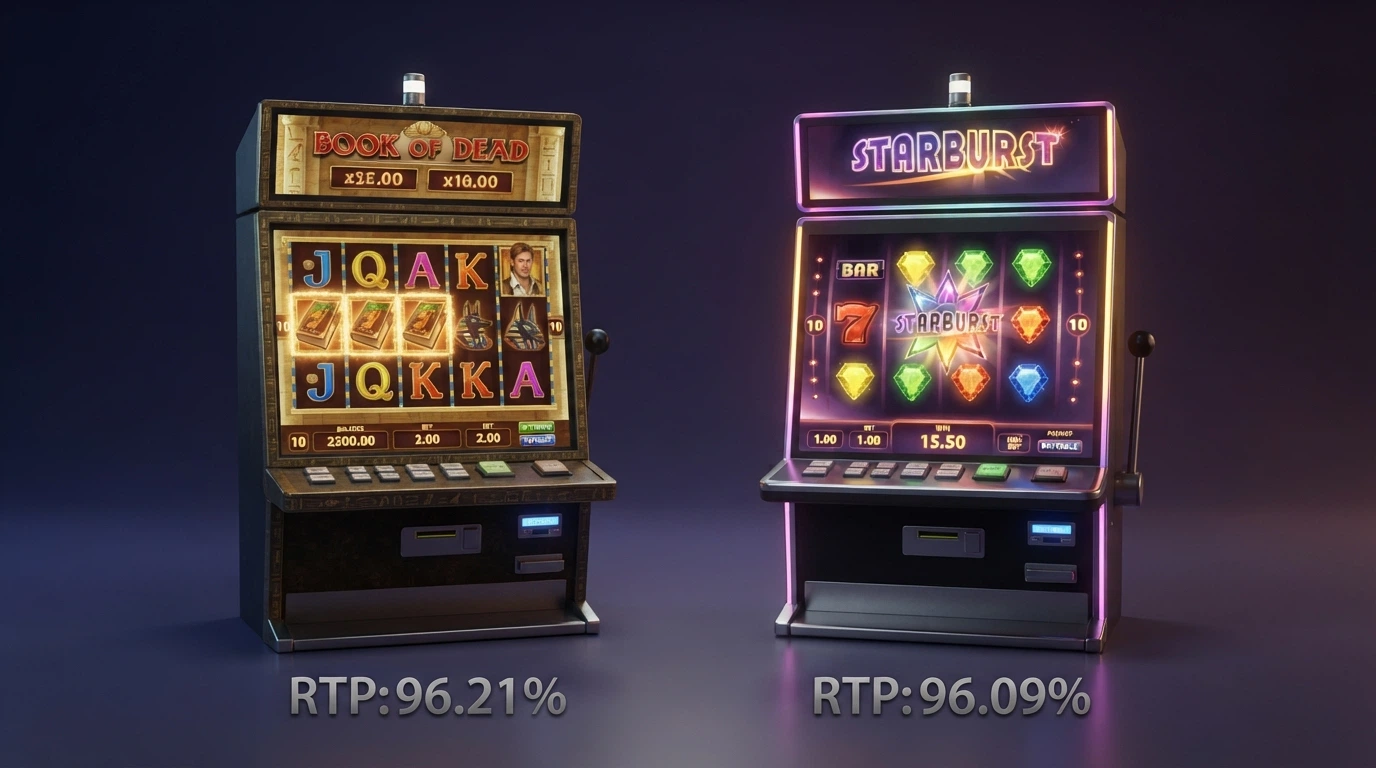 Schermate affiancate di Book of Dead (Play'n GO) e Starburst (NetEnt), le due slot più utilizzate nei pacchetti di giri gratis in Italia