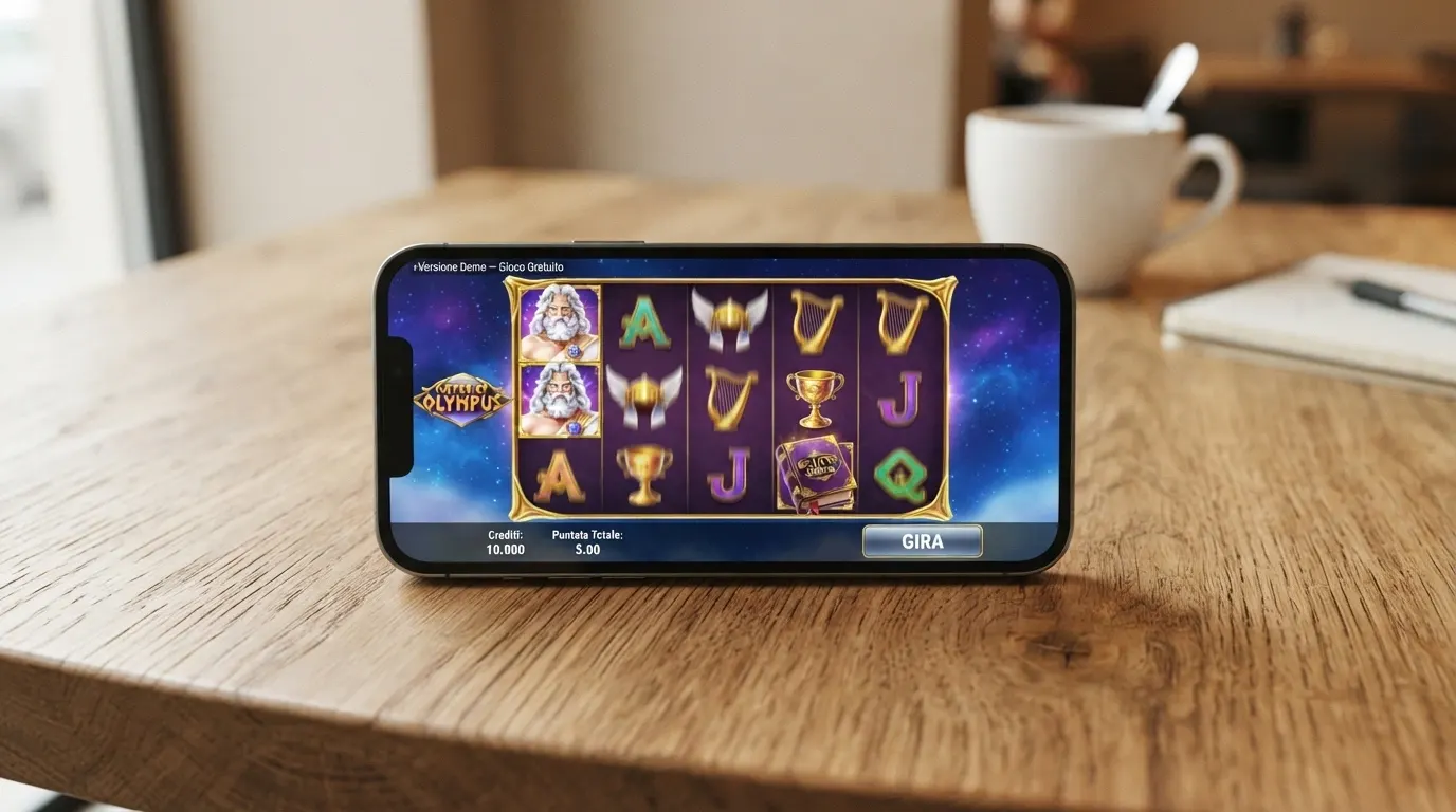 L'interfaccia di una slot machine online in modalità dimostrativa: i rulli sono in movimento, il saldo mostra crediti virtuali e in alto a sinistra compare la dicitura «Versione Demo — Gioco Gratuito».