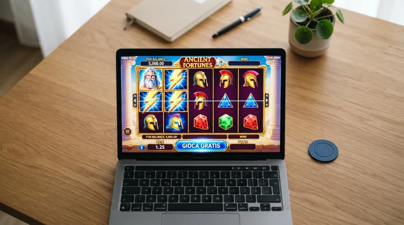 Una schermata di una video slot a 5 rulli in modalità demo con il contatore di soldi virtuali (fun money) visibile in alto e il pulsante «Gioca gratis» in evidenza