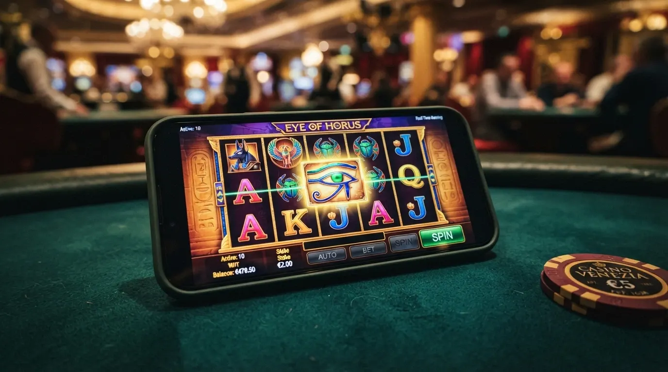 La schermata di gioco della slot machine Eye of Horus di Merkur Gaming con i cinque rulli, i simboli egizi e l'interfaccia di puntata