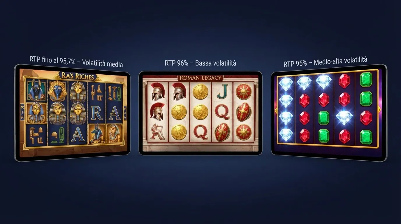 Tre schede slot IGT affiancate (Cleopatra, Sphinx, Da Vinci Diamonds) con RTP e volatilità in sovrimpressione
