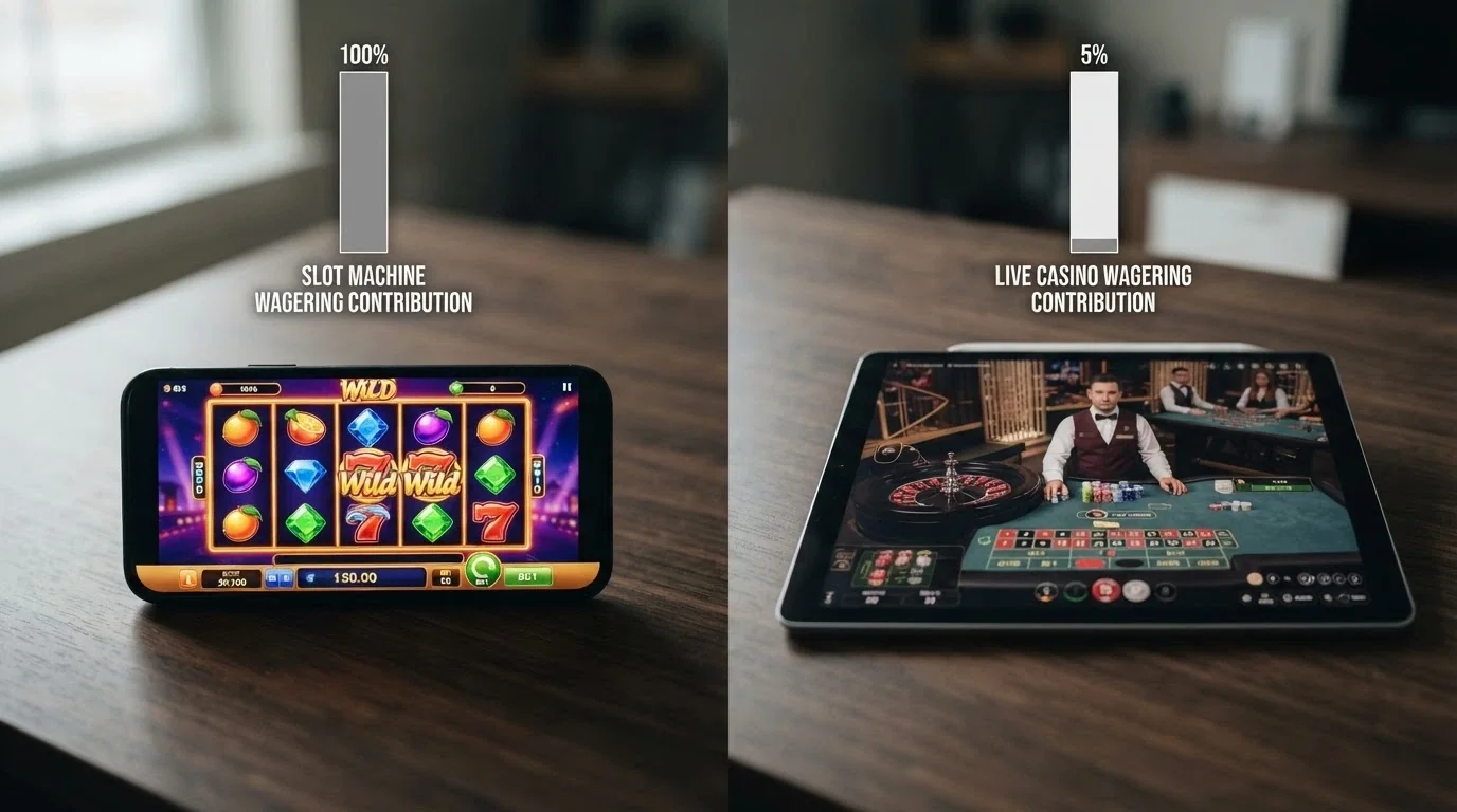 Schermata divisa: a sinistra una slot machine online, a destra un tavolo di live casino, con barre di contribuzione al wagering sovrapposte