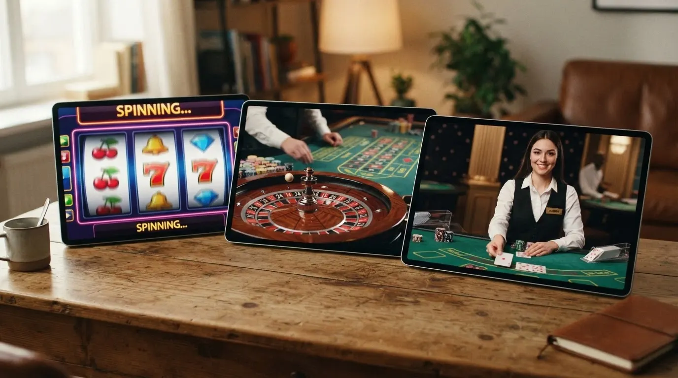 Tre finestre sovrapposte: una slot machine digitale con i rulli in movimento, un tavolo da roulette con la pallina in corsa e un croupier dal vivo inquadrato in un riquadro di live streaming