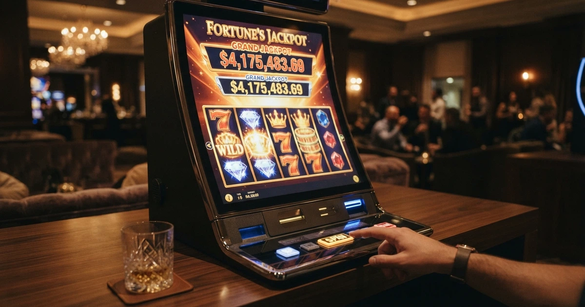 Una slot machine online con rulli colorati e il contatore del jackpot progressivo in alto, illuminato e in crescita