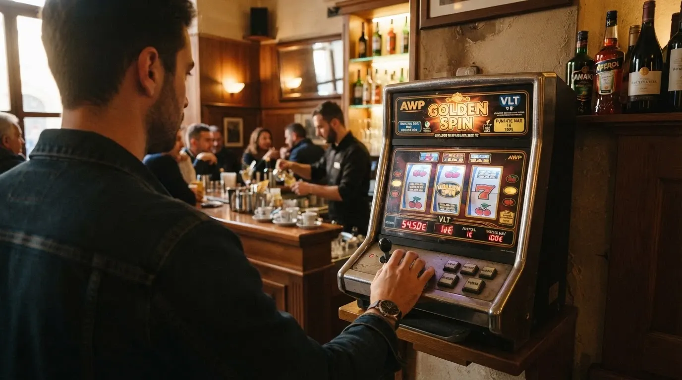 Una slot machine fisica AWP accesa in un bar italiano, con schermo illuminato, pannello comandi e la classica silhouette da esercizio commerciale.