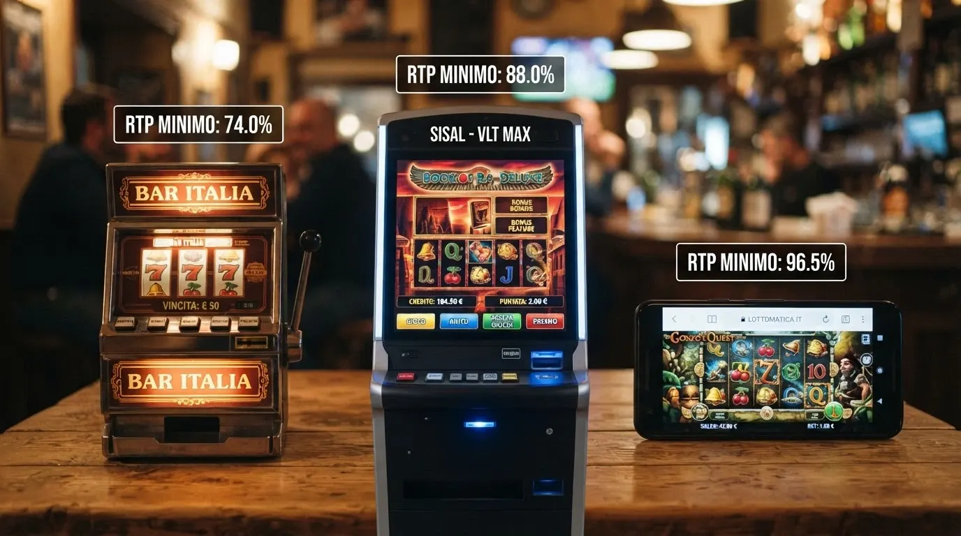 Tre slot machine affiancate — una da bar compatta (AWP), una postazione VLT da sala e l'interfaccia touch di una slot online su smartphone — con le rispettive percentuali minime di RTP visualizzate in sovrimpressione