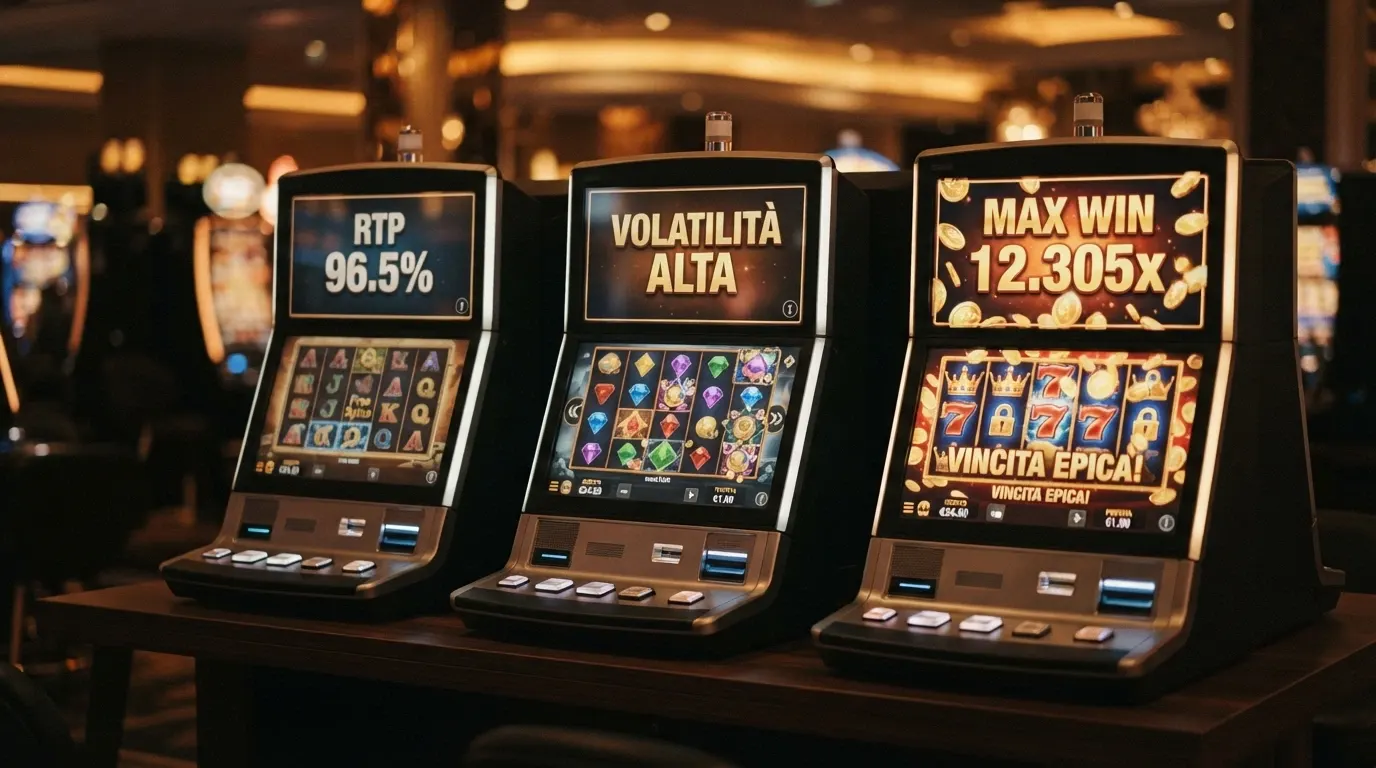 Tre slot machine affiancate con schermi luminosi: la prima mostra un display con la scritta «RTP 96.5%», la seconda «VOLATILITÀ ALTA», la terza «MAX WIN 12.305x»
