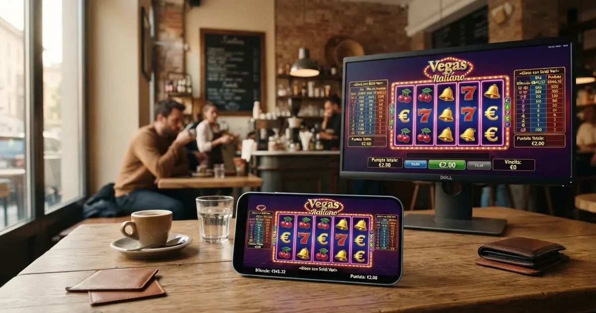 Una schermata di slot machine online su desktop e smartphone con interfaccia in italiano, simboli delle slot (rulli, payline, moltiplicatori) e l'indicazione «Gioco con Soldi Veri» in sovrimpressione