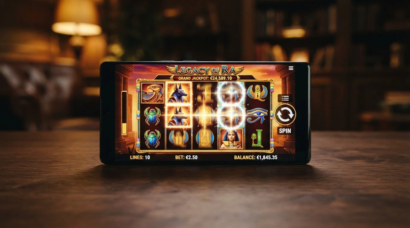 Una slot machine in esecuzione su smartphone in orientamento verticale, con l'interfaccia touch dei comandi di puntata