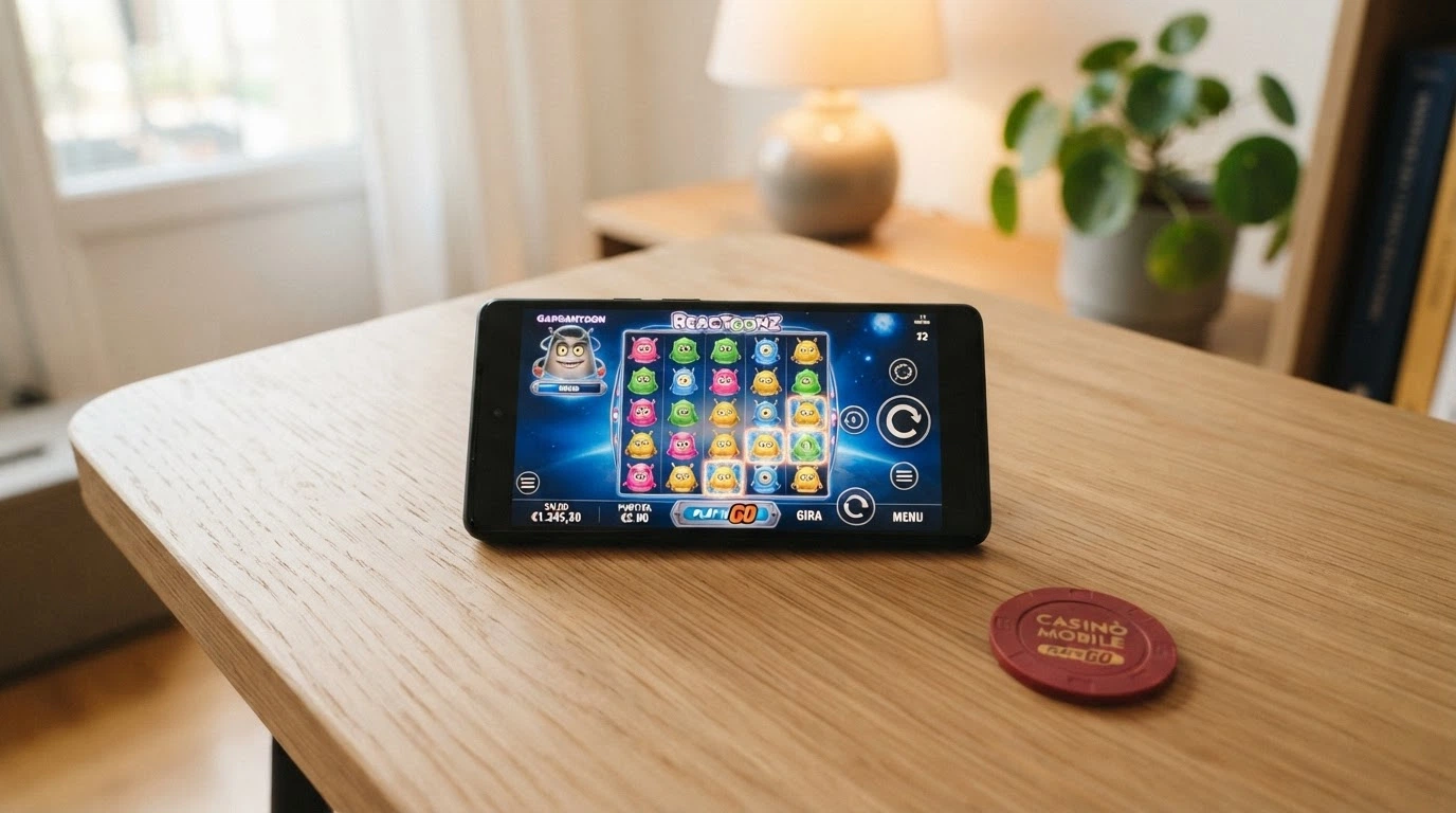 Smartphone che mostra una slot Play'n GO in esecuzione nel browser con interfaccia adattiva
